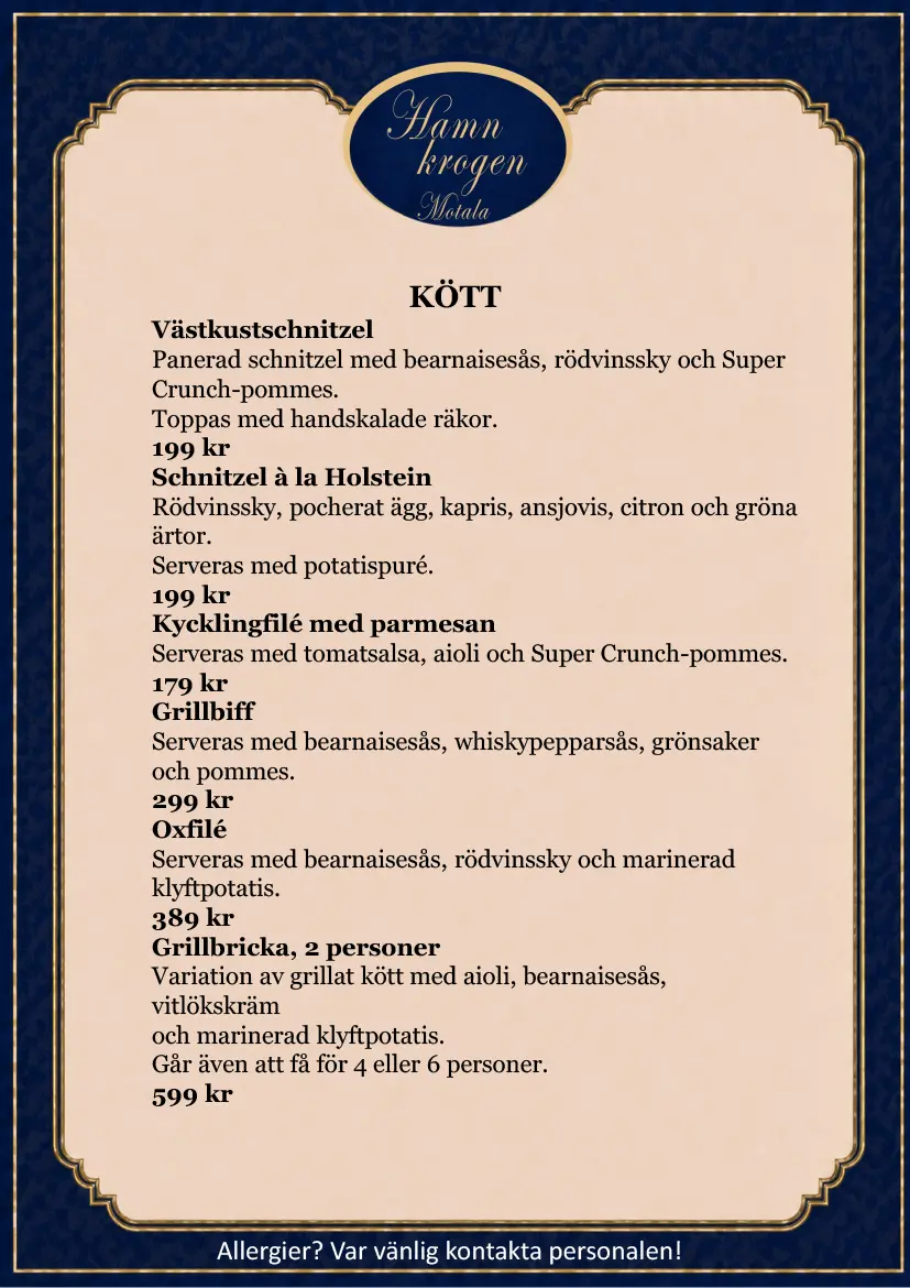 Meny på kött och kyckling